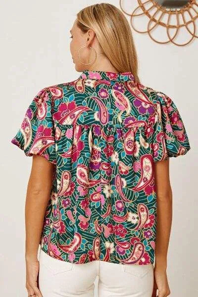 Floral Collared Neck Short Sleeve Blouse Blouses - Tophatter Daily Deals